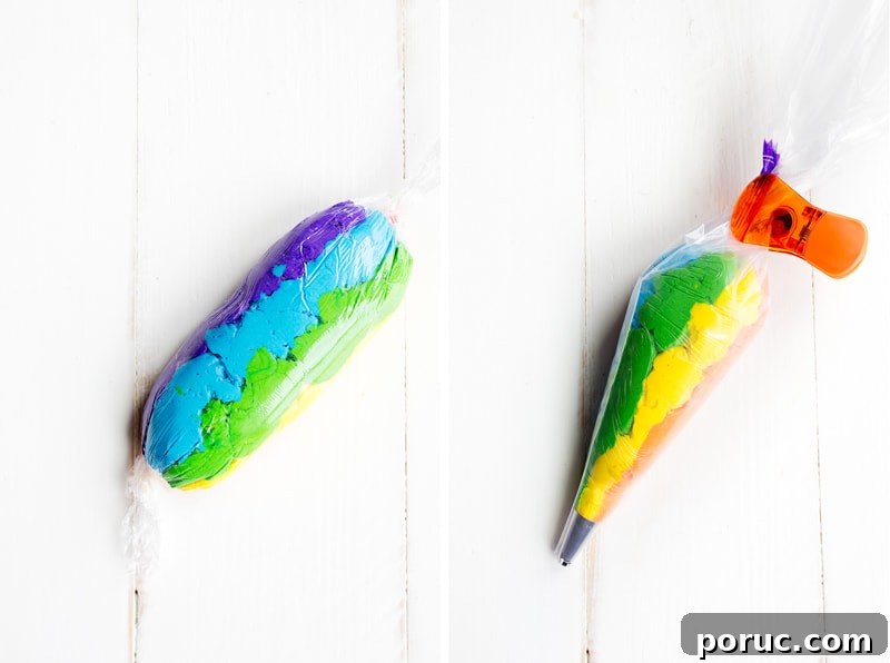 Rainbow Cookies with rainbow swirl buttercream frosting and a white Royal Icing base
