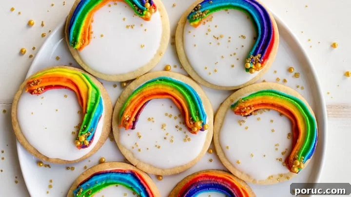 Rainbow Cookies with rainbow swirl buttercream frosting and a white Royal Icing base