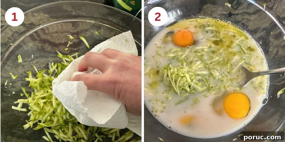 Gluten-Free Zucchini Muffins Kids Love — Dairy-Free Recipe 5 Photos showing drying the zucchini shreds and mixing the wet ingredients.