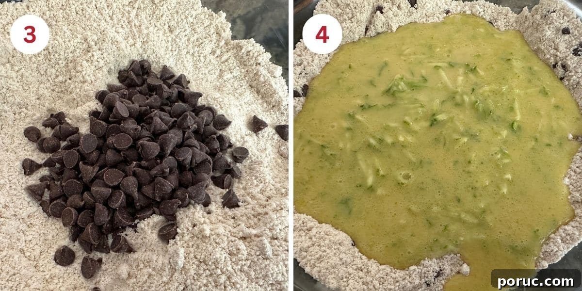 Gluten-Free Zucchini Muffins Kids Love — Dairy-Free Recipe 6 Photos showing the dry ingredients in a mixing bowl and adding the wet ingredients.