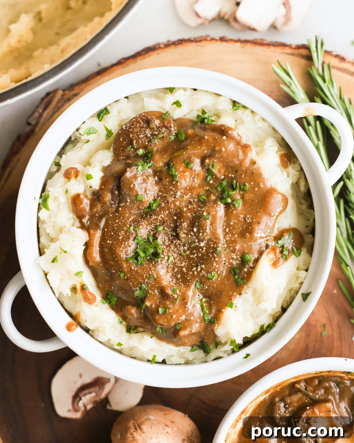 Fluffy Vegan Mashed Potatoes Recipe for Creamy Comfort 13 overhead of vegan mashed potatoes and gravy