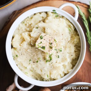 Fluffy Vegan Mashed Potatoes Recipe for Creamy Comfort 14 overhead of vegan mashed potatoes with mushroom gravy