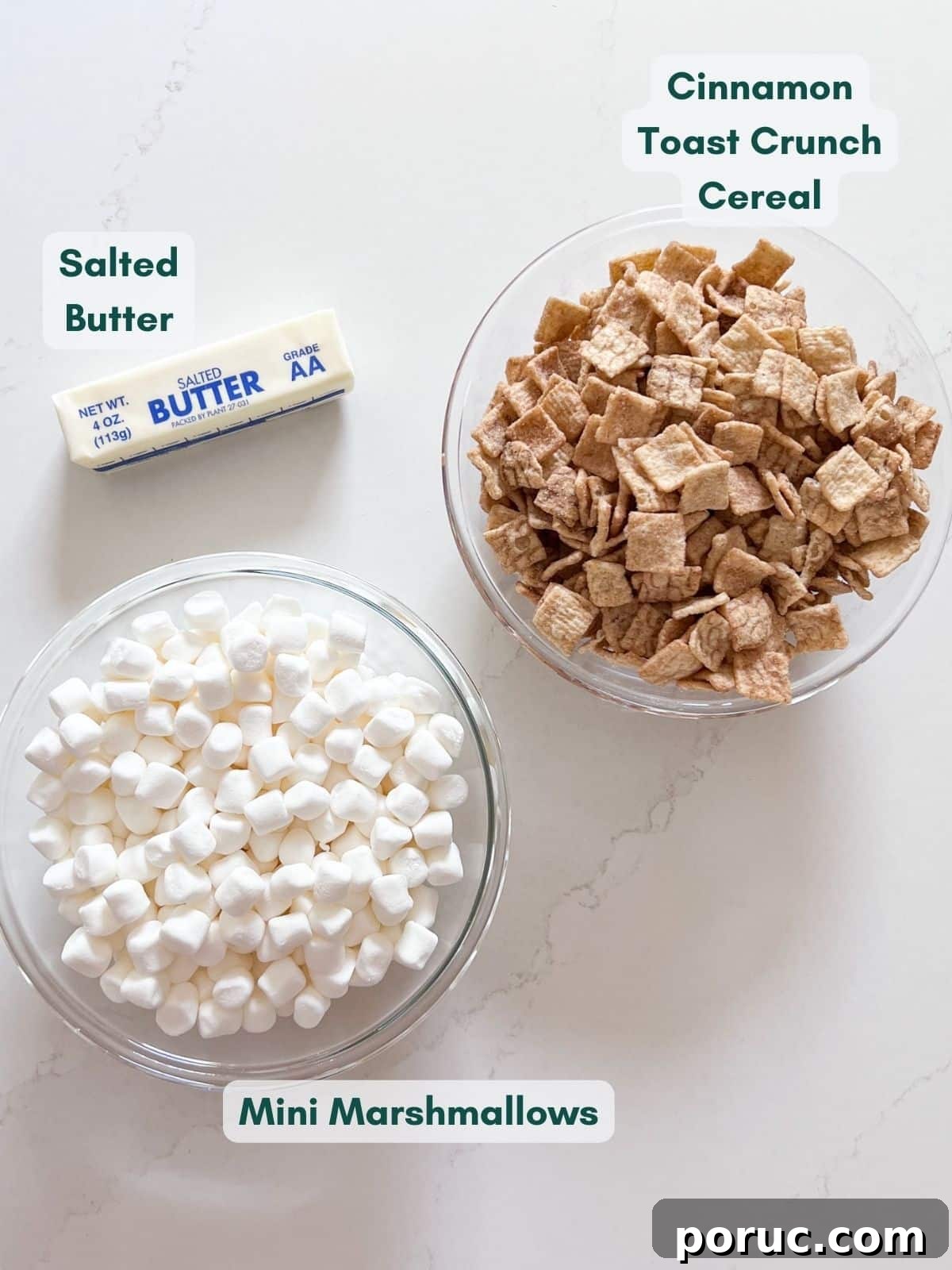 Homemade Cinnamon Toast Crunch Treat Bars Recipe 4 The ingredients for cinnamon toast crunch bars, labeled in glass bowls.