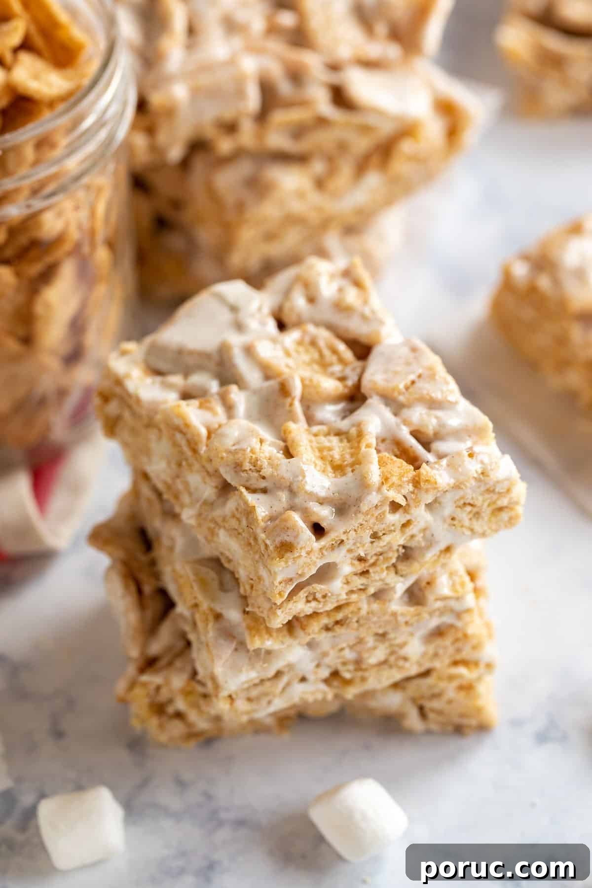 Homemade Cinnamon Toast Crunch Treat Bars Recipe 10 A side angle shot of a stack of cinnamon toast crunch treats.