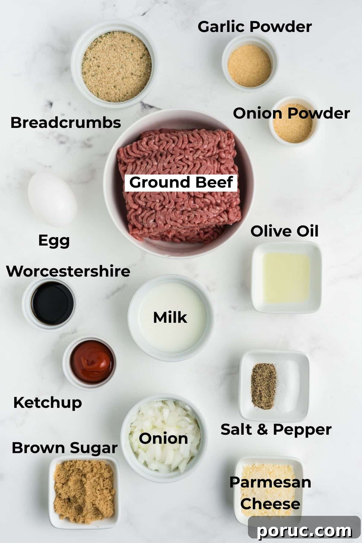 1-Pound Classic Meatloaf Recipe for Moist, Flavorful Results 3 Ingredients to make this 1 pound meatloaf in bowls on a table.