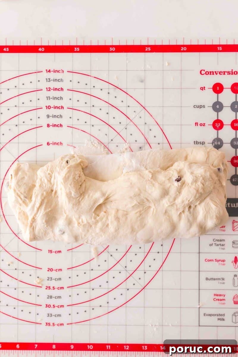 Sourdough Cinnamon Raisin Loaf — Soft, Sweet, Perfect Spice 12 Shaped sourdough cinnamon raisin bread log sitting on a baking mat. Hostess At Heart