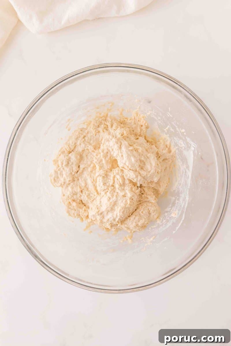 Sourdough Cinnamon Raisin Loaf — Soft, Sweet, Perfect Spice 6 Sticky sourdough bread dough in a mixing bowl. Hostess At Heart