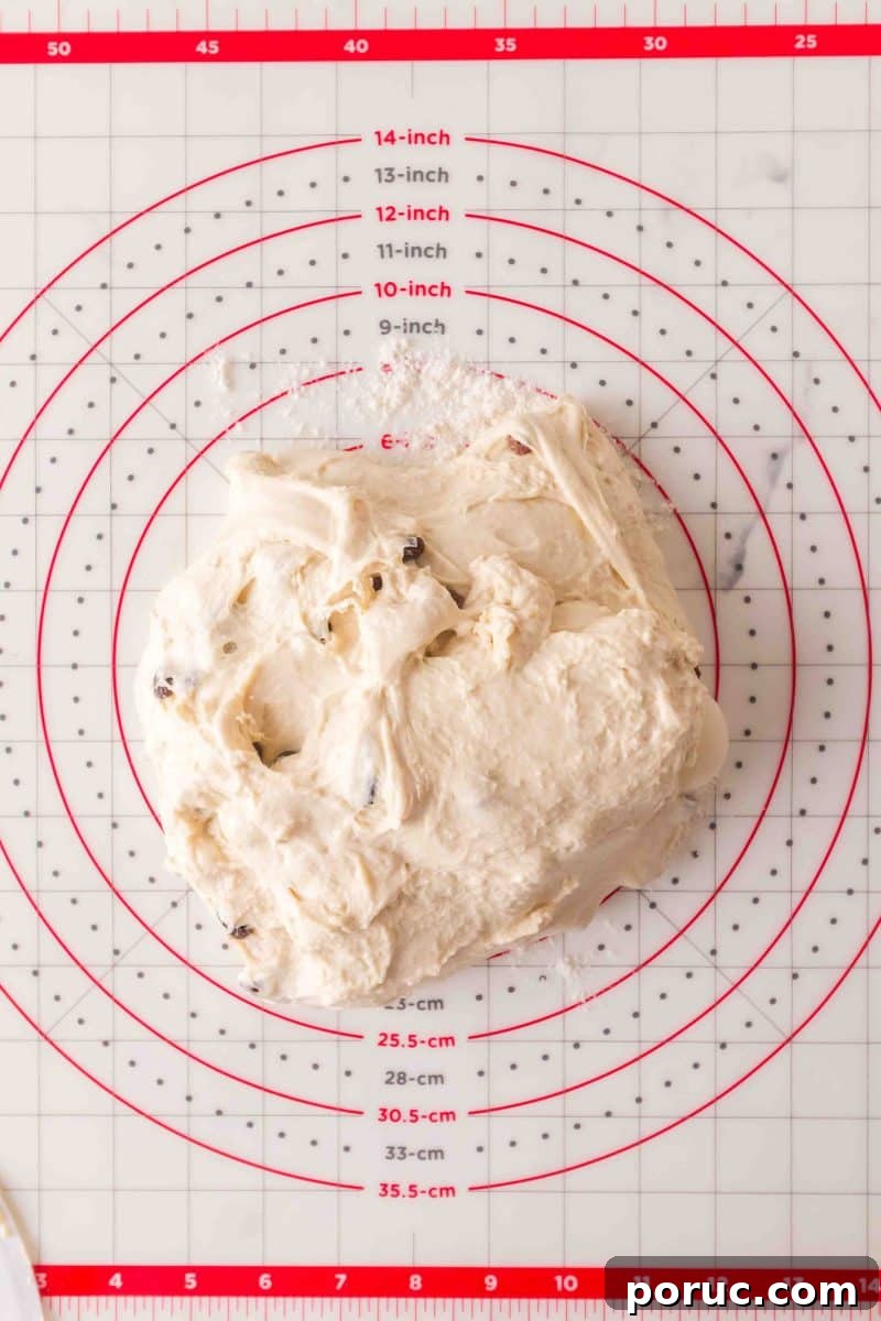 Sourdough Cinnamon Raisin Loaf — Soft, Sweet, Perfect Spice 10 Sourdough cinnamon raisin bread dough on a baking mat before shaping and filling - Hostess At Heart