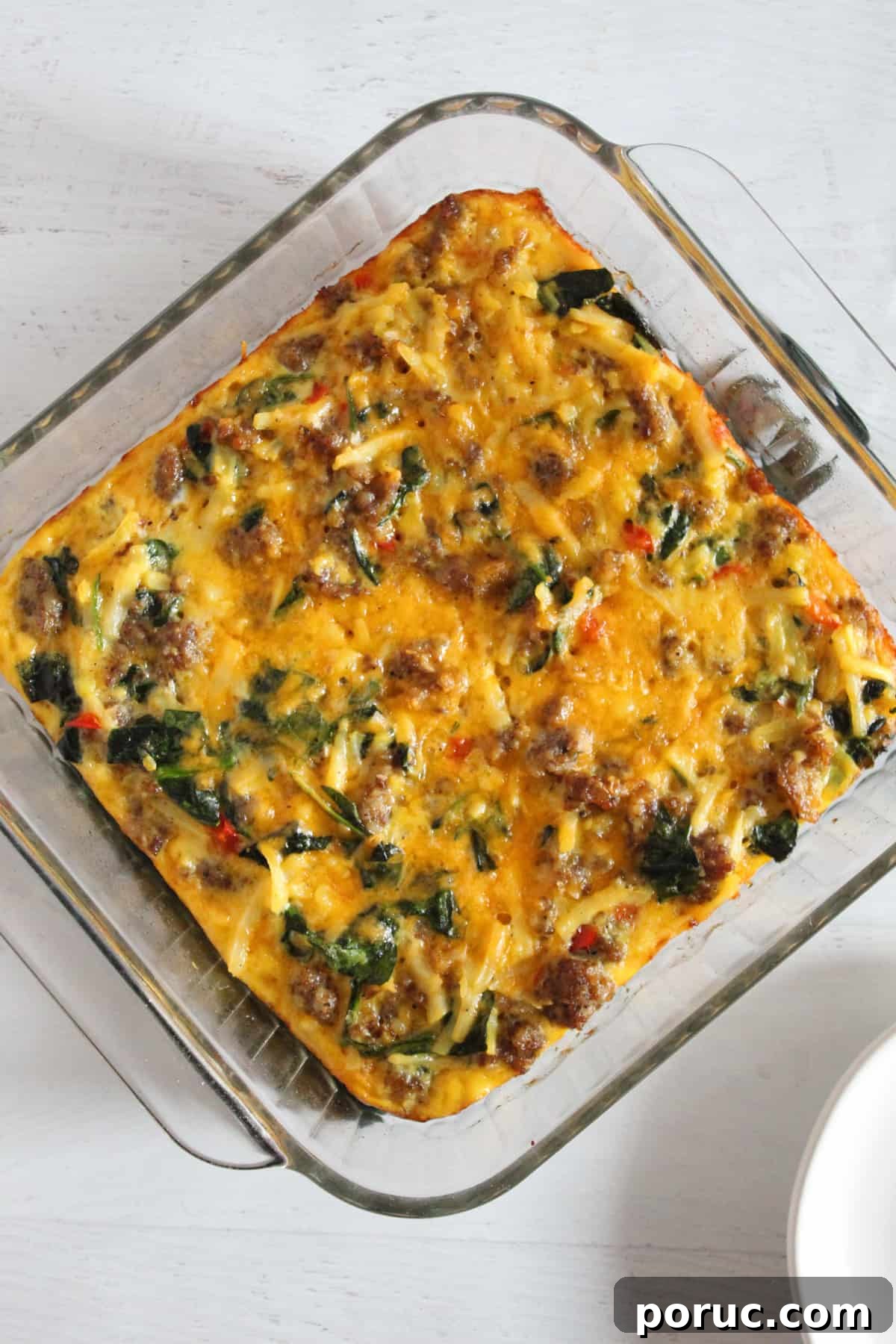 Meatless Gluten-Free Sausage Casserole Recipe for Busy Nights 11 baked egg sausage casserole in a dish.