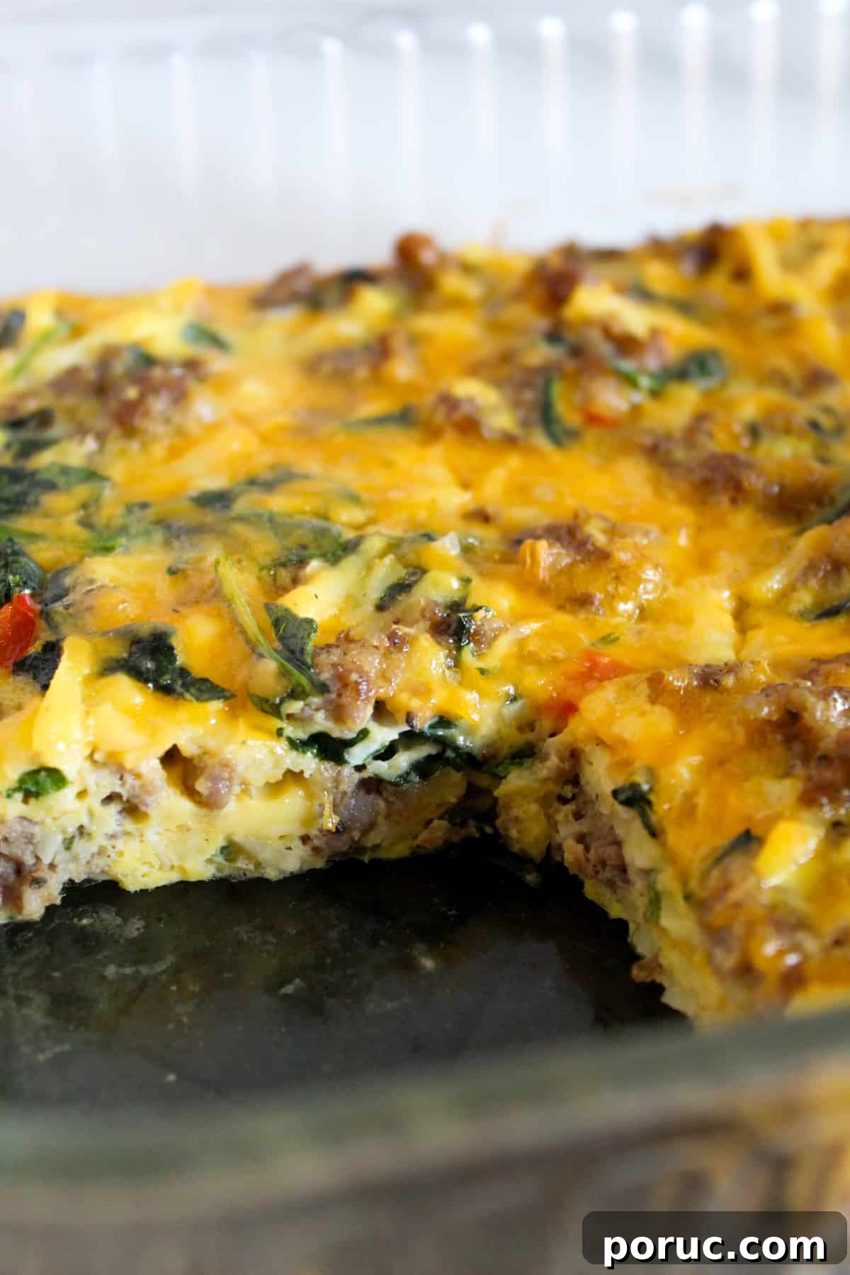 Meatless Gluten-Free Sausage Casserole Recipe for Busy Nights 3 inside of a sausage casserole in a glass baking dish.