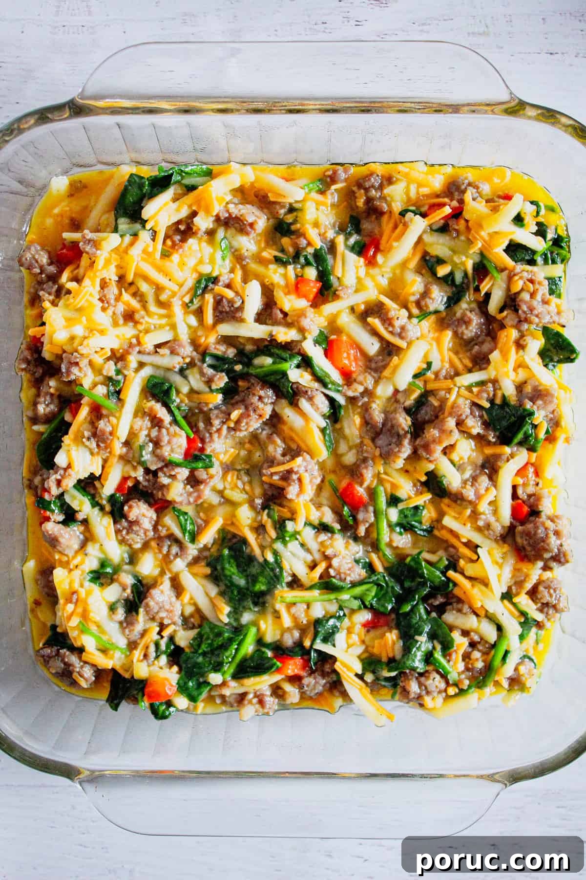 Meatless Gluten-Free Sausage Casserole Recipe for Busy Nights 10 sausage egg casserole in baking dish.