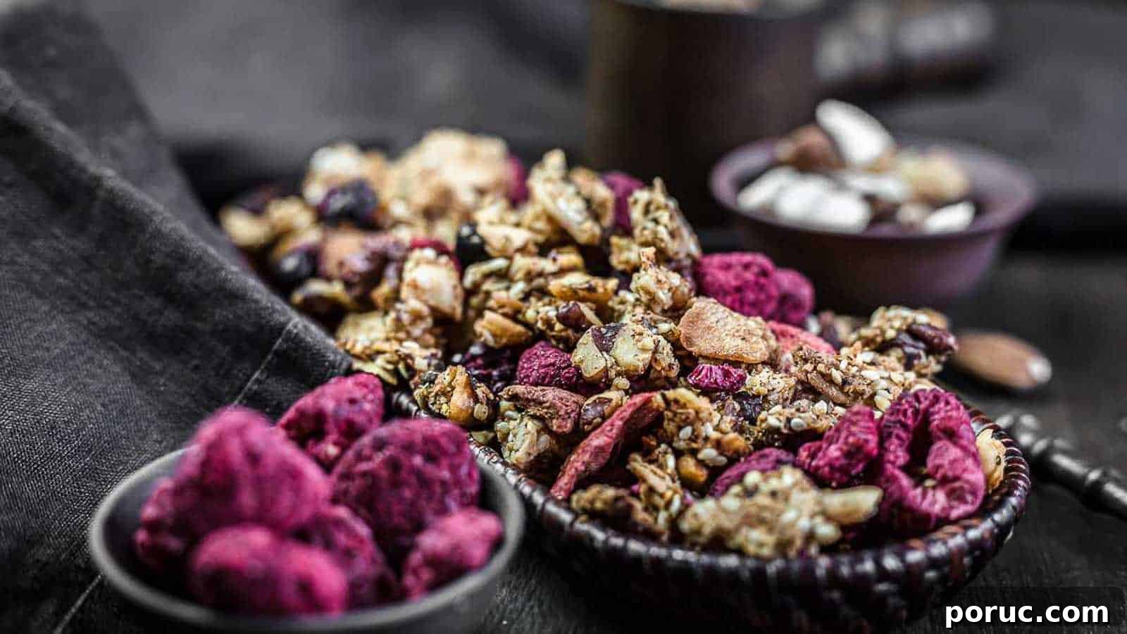 Muesli Granola with dry berries inside brown basket.