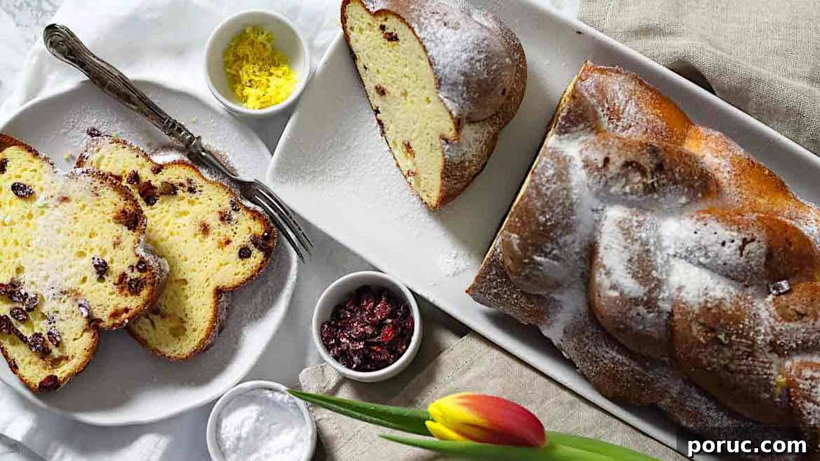 Sweet Keto Challah Bread on a white plate with tulips.