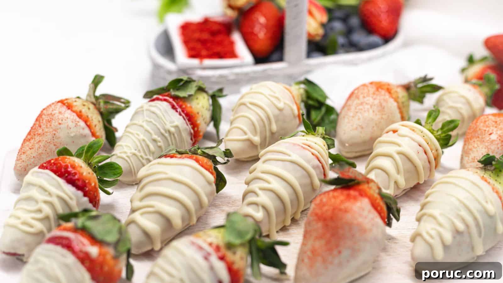 White Chocolate Covered Strawberries on a white wooden board.