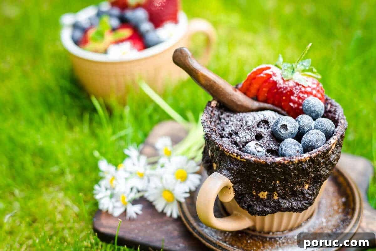 A chocolate cake in a cup topped with berries.