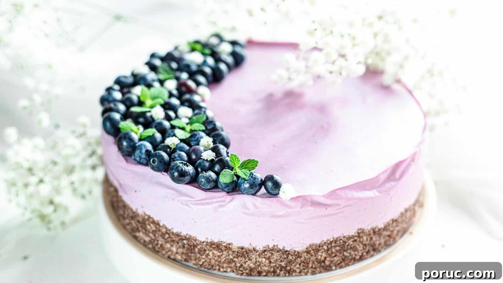 No Bake Blueberry Cheesecake with blueberries on top.