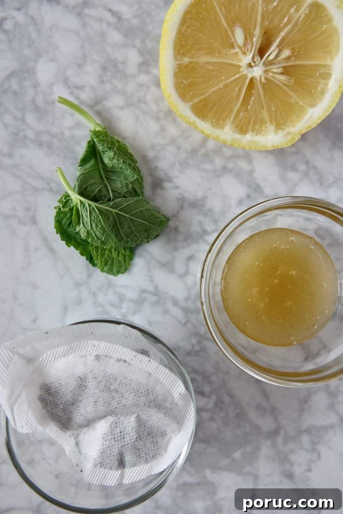 Honey Citrus Mint Tea — Copycat Starbucks Medicine Ball Recipe 3 Ingredients laid out on a marble surface. Honey, tea bags, mint leaves, half a lemon.