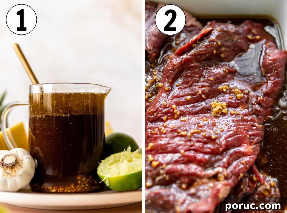 Sizzling Steak Fajitas Recipe with Peppers and Onions 5 Collage images showing homemade fajita marinade, then flank steak being marinated in a large dish.
