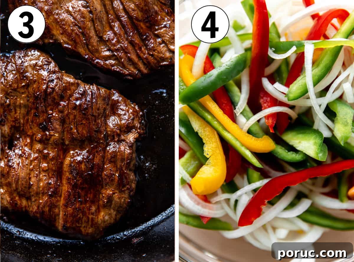 Sizzling Steak Fajitas Recipe with Peppers and Onions 6 Collage showing grilled skirt steak and sliced vegetables for fajitas.