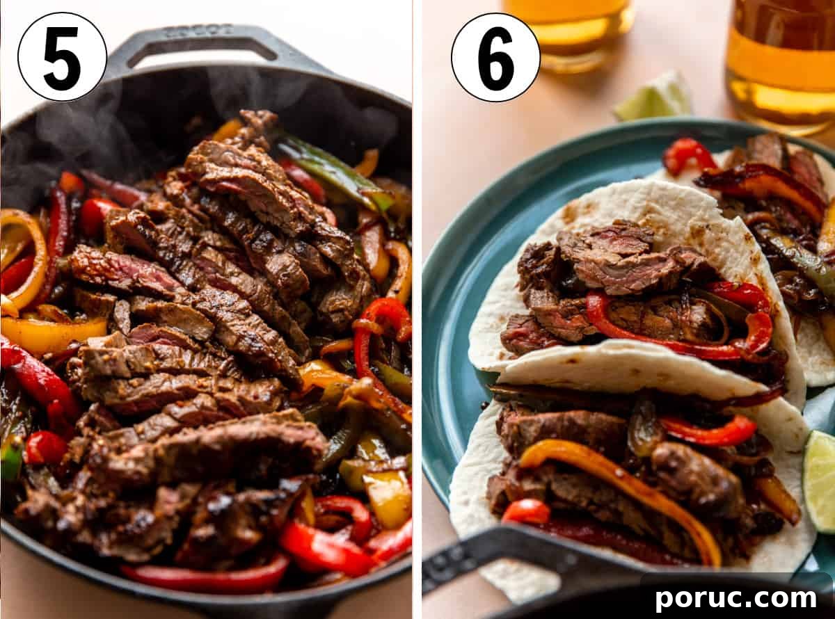 Sizzling Steak Fajitas Recipe with Peppers and Onions 7 Steak meat sliced in a cast iron skillet and fajitas served on flour tortillas.