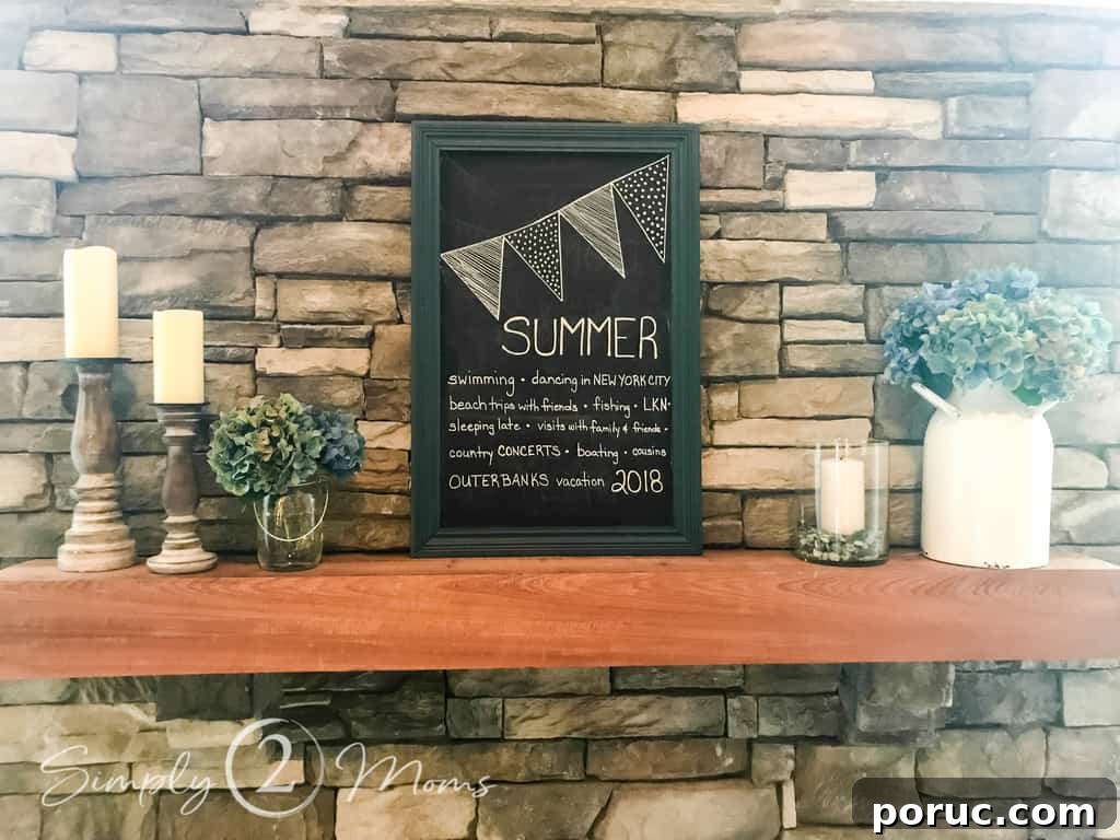 simple summer fireplace mantle wood mantle with summer decor including chalkboard art