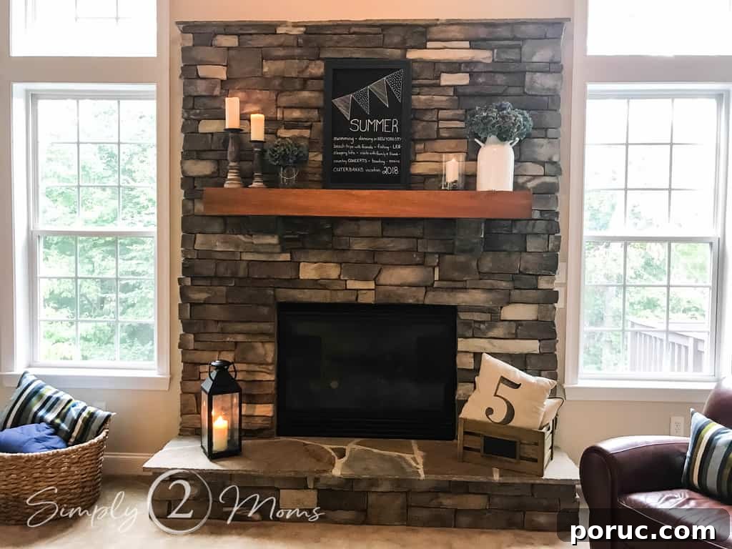 simple summer fireplace mantle full shot of stone fireplace decorated for summer