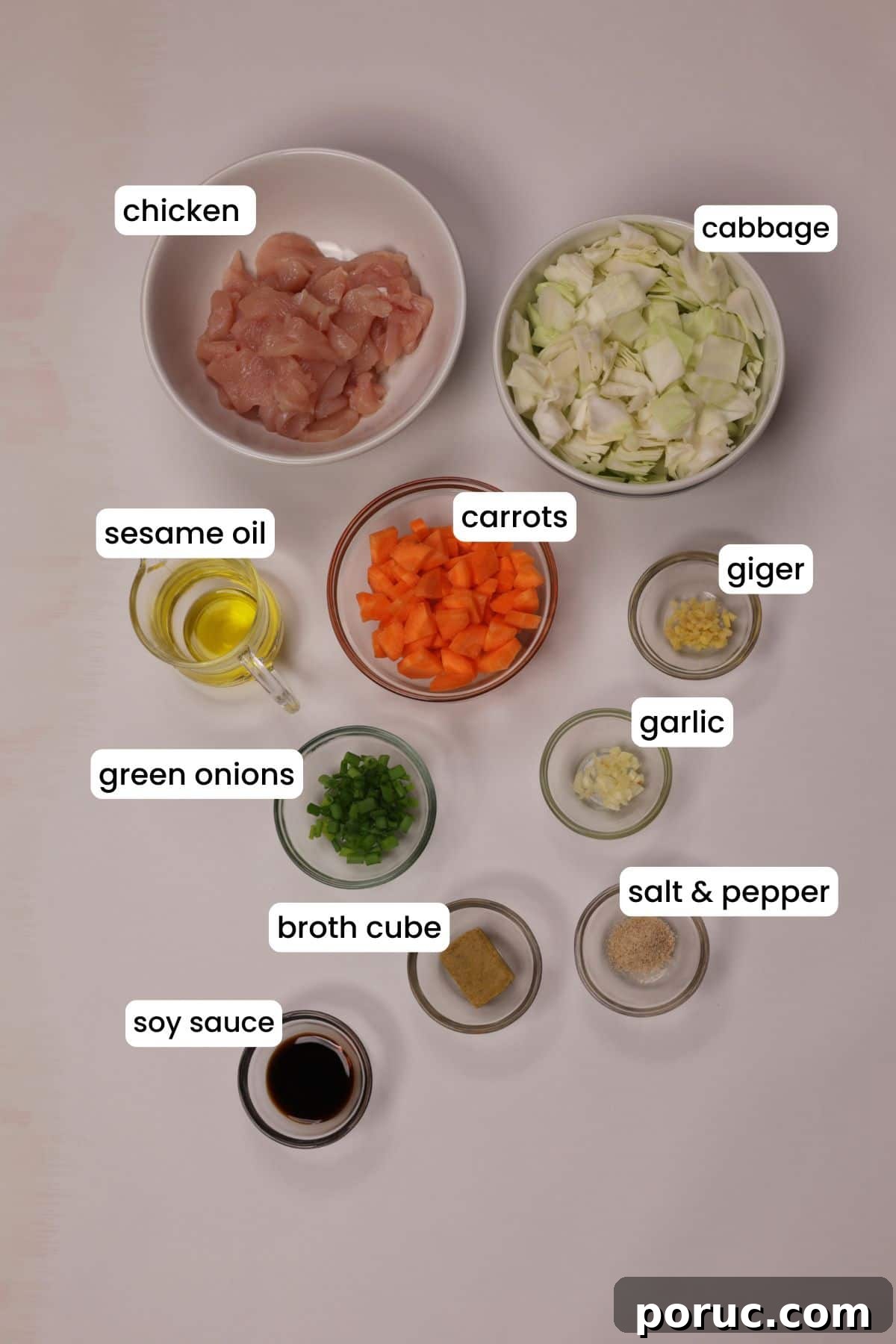 Asian-Style Chicken and Napa Cabbage Soup Recipe 3 Ingredients for Asian chicken cabbage soup are arranged on a white backdrop.
