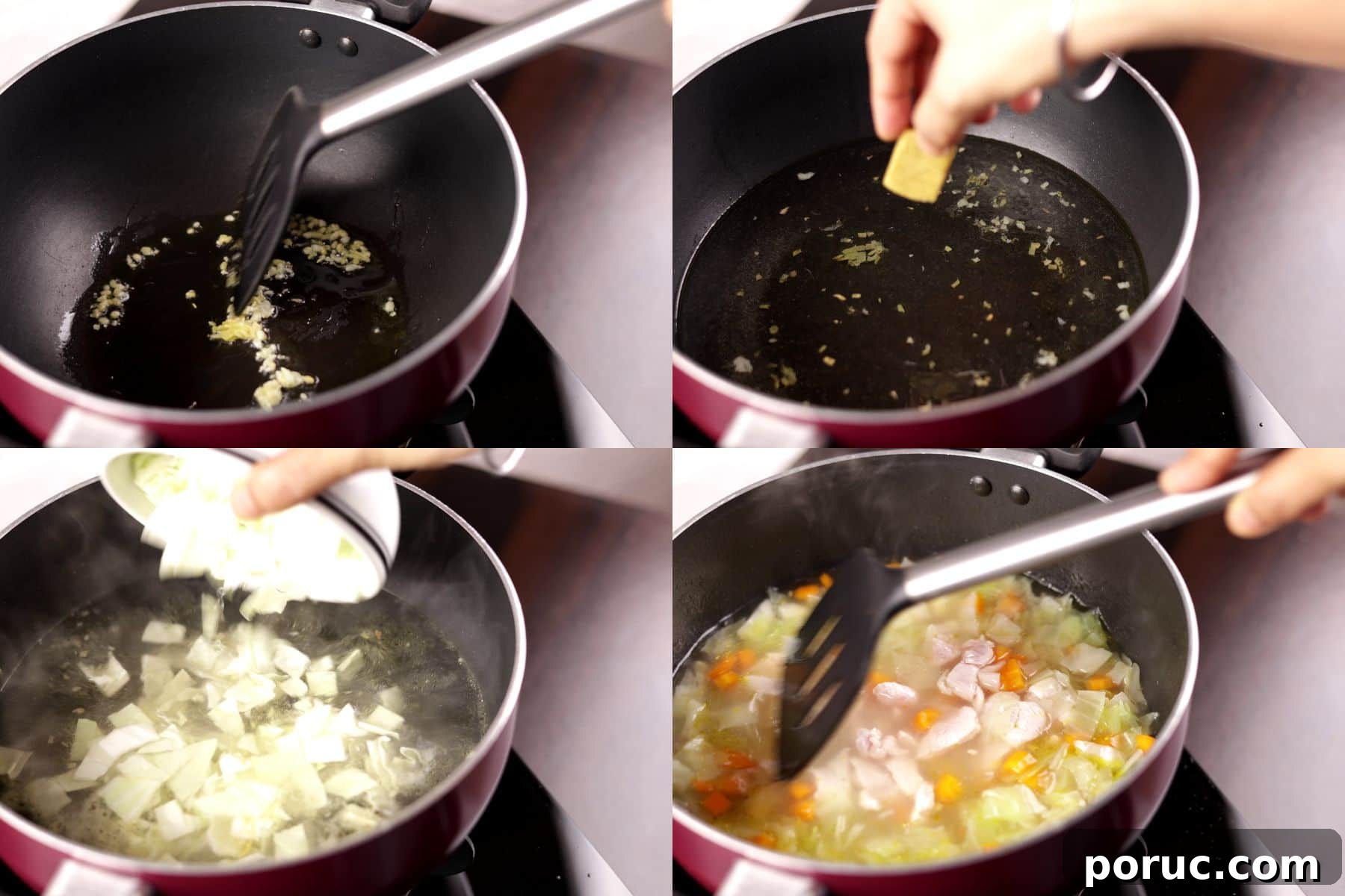 Asian-Style Chicken and Napa Cabbage Soup Recipe 4 Collage showing step 1 to 4 of Asian chicken cabbage soup: sautéing aromatics, adding water with stock cube, and adding cabbage, carrots, and chicken.