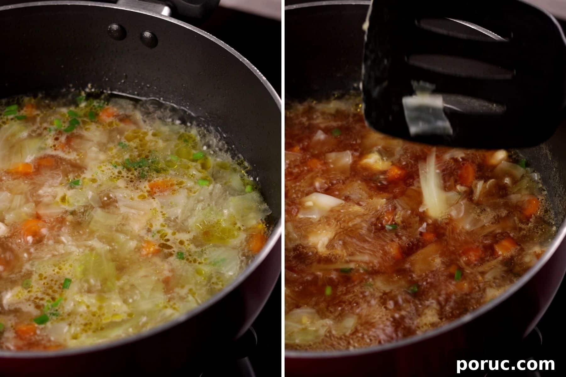 Asian-Style Chicken and Napa Cabbage Soup Recipe 5 Collage showing step 5 and 6 of Asian style chicken and cabbage soup: stirring in seasoning and soy sauce, then adding chopped green onions.