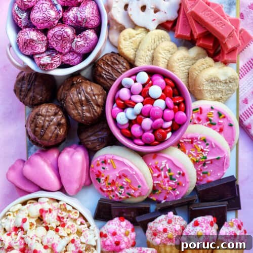 Valentine's dessert board with chocolates and cookies