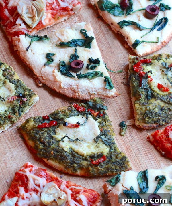 Gluten-Free Vegan Pita Crust Pizza Recipe 6 Three varieties of gluten-free vegan pita pizzas cut into wedges
