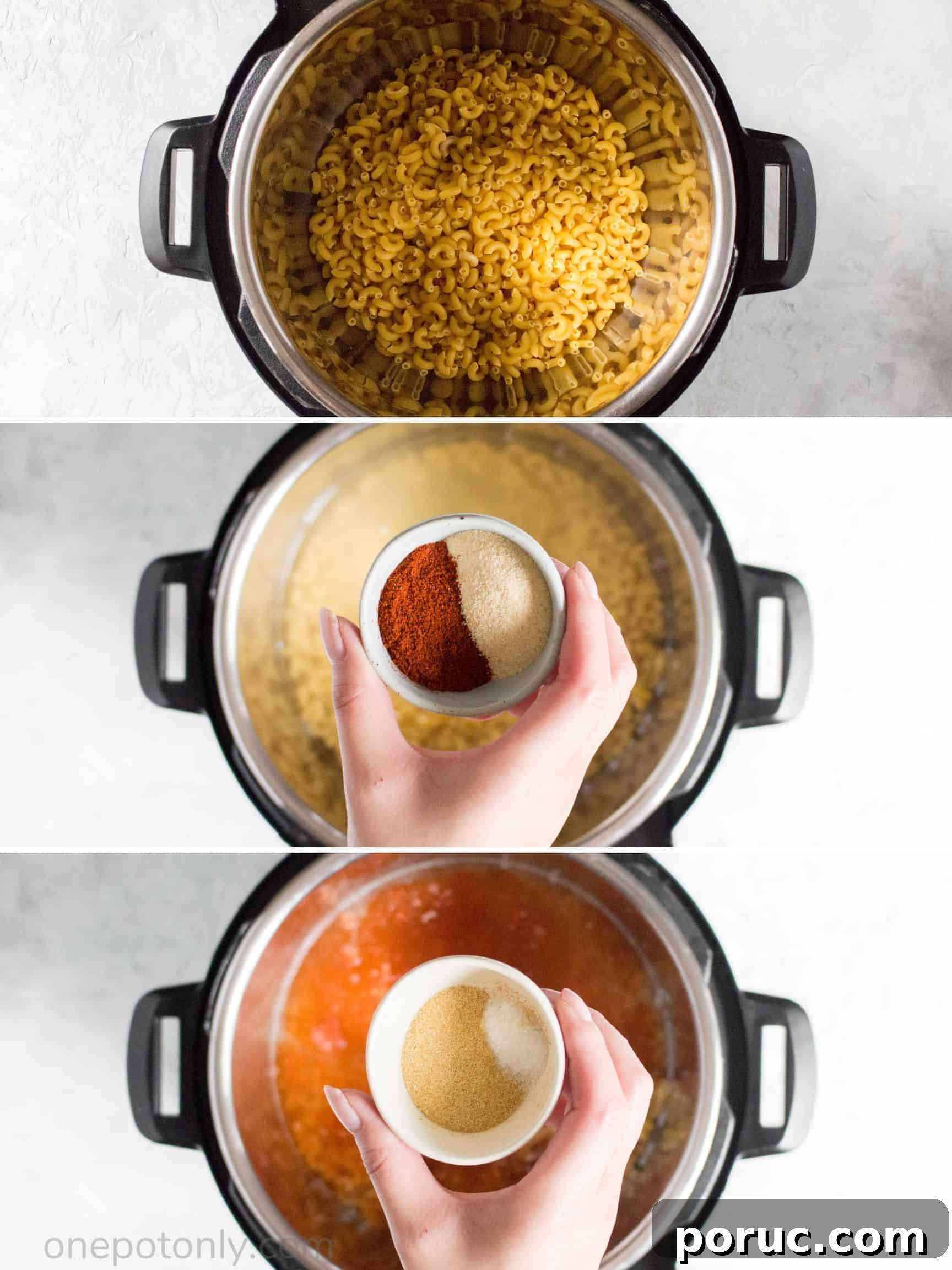 Creamy Instant Pot Macaroni and Cheese in 20 Minutes 4 3 images, 1 macaroni pasta in instant pot, 2 adding paprika and onion powder, 3 adding garlic powder and salt