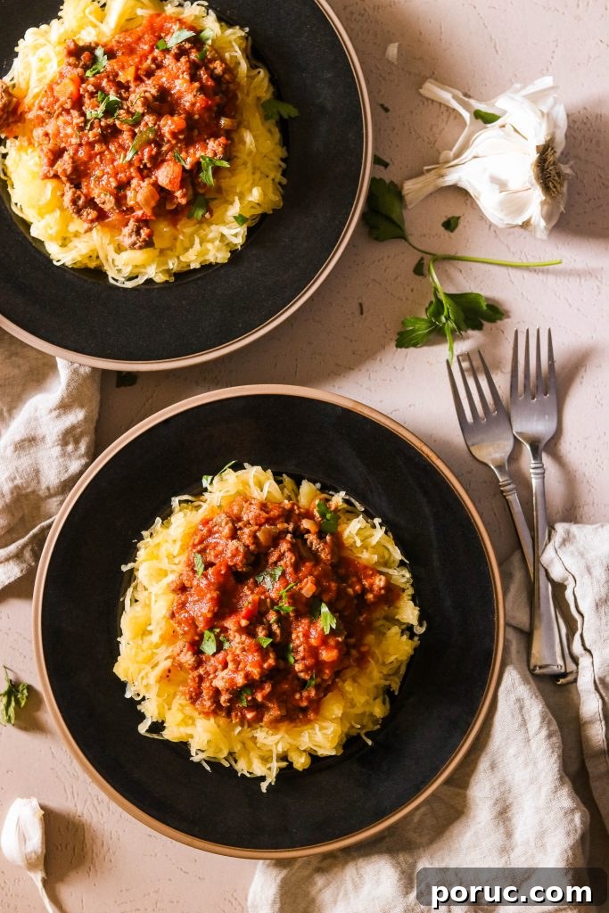 Instant Pot Spaghetti Meat Sauce Recipe (Paleo & Whole30) 4 Whole30 meat sauce recipe served on 2 plates over spaghetti squash