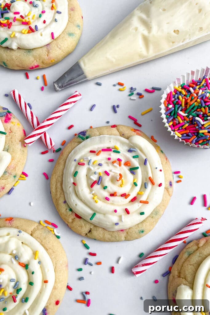 copycat crumbl birthday cake cookies with sprinkles and a piping bag with frosting