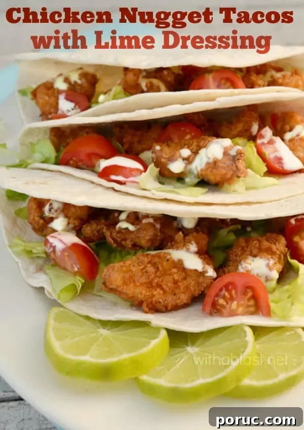 Chicken nuggets with lime dressing drizzled over soft tortillas Chicken Nugget Tacos with Lime Dressing