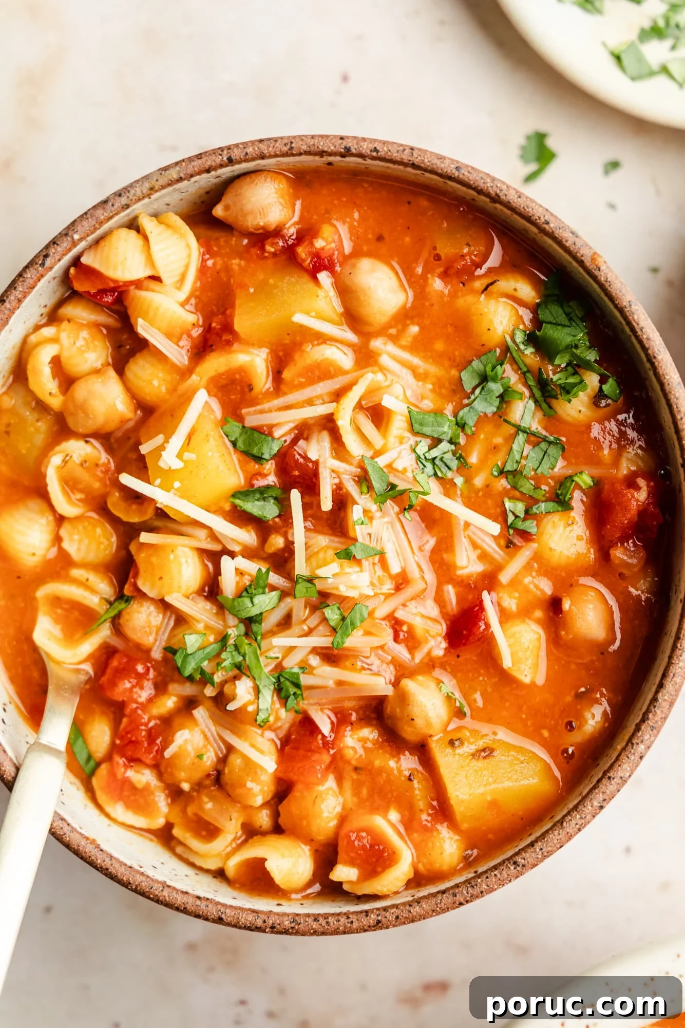 Hearty Italian Chickpea Soup Recipe for Comforting Weeknight Meals 2 Italian chickpea soup topped with vegan parmesan and parsley in a bowl.