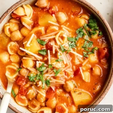 Hearty Italian Chickpea Soup Recipe for Comforting Weeknight Meals 10 Italian chickpea soup topped with vegan parmesan and parsley in a bowl.