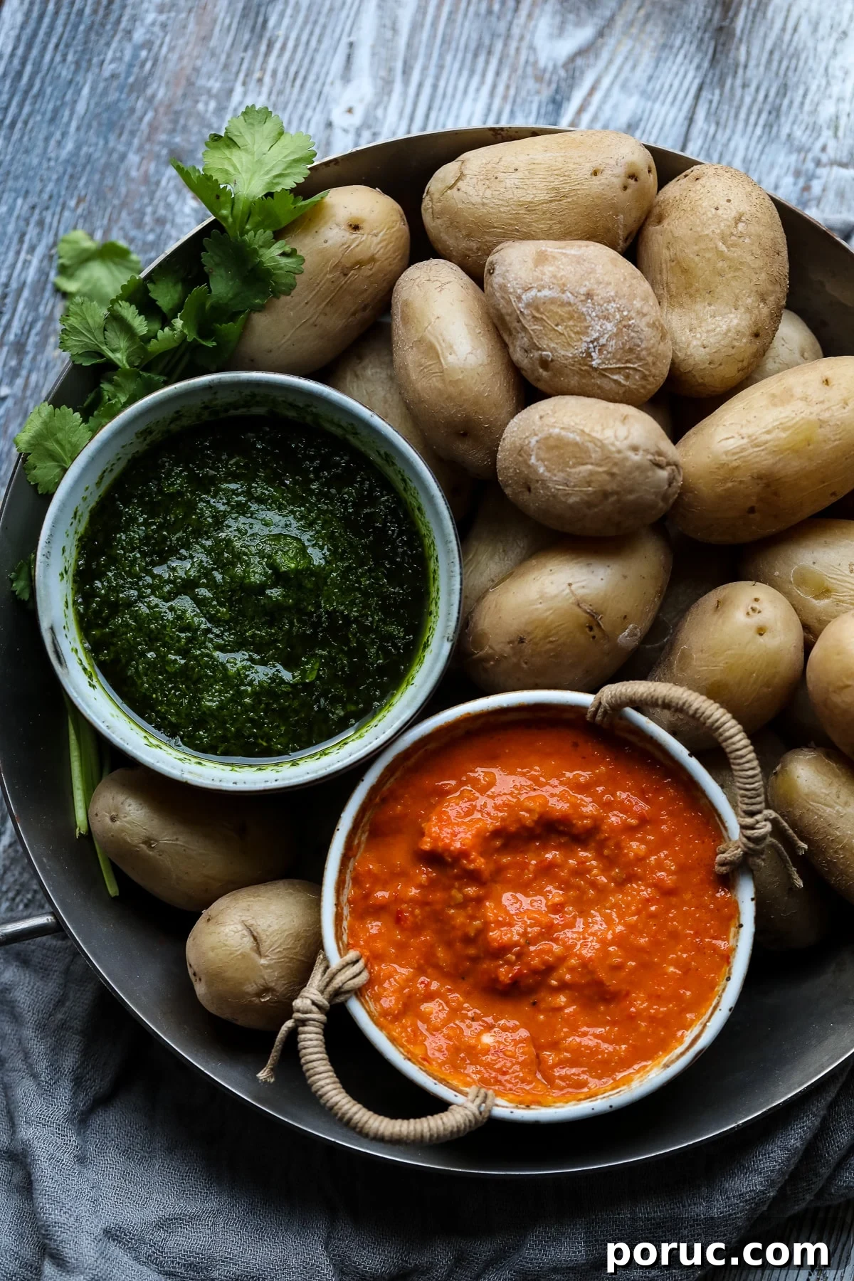 Papas Arrugadas served with Mojo Verde and Mojo Rojo on a Platter.