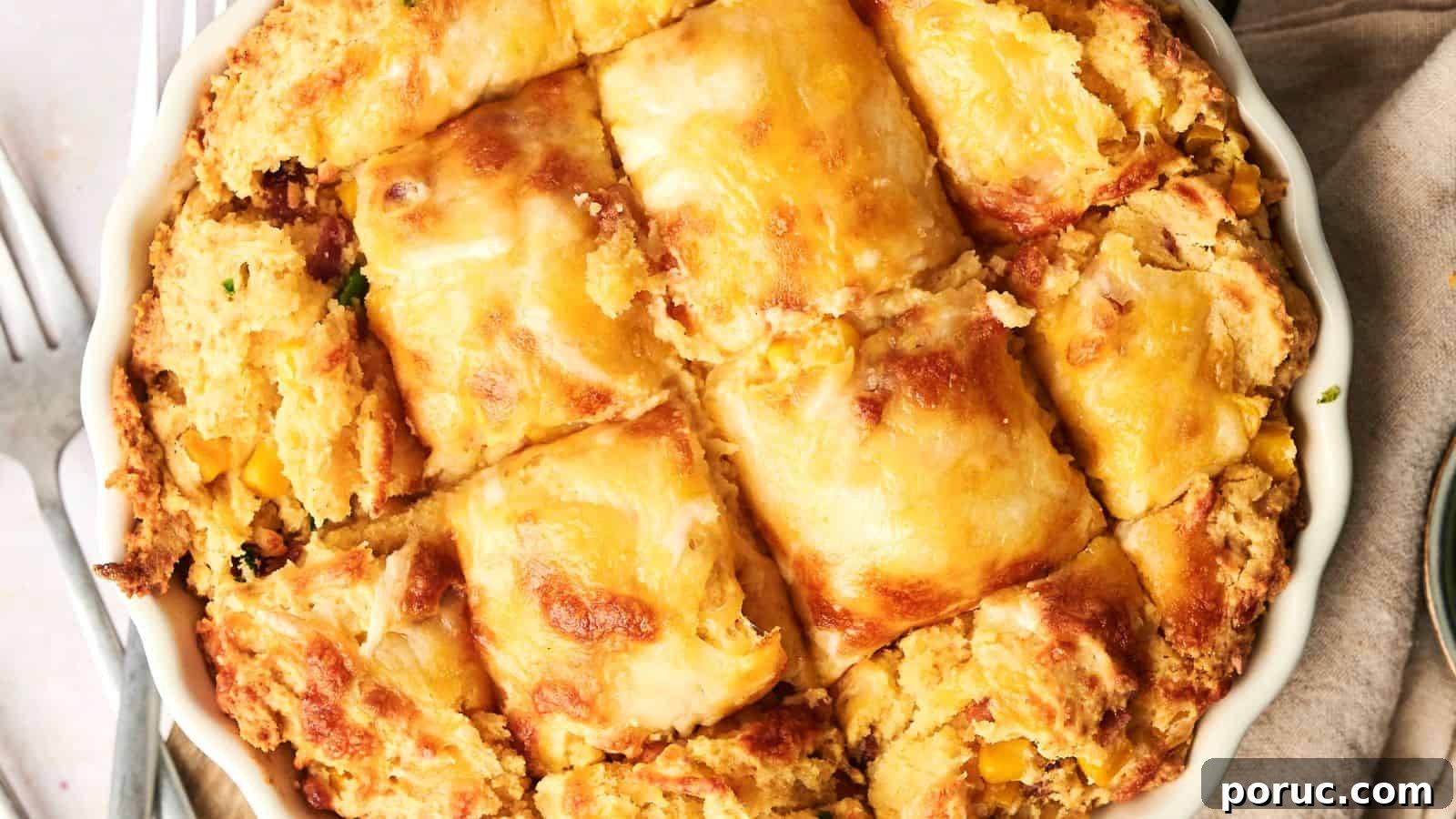 29 Air Fryer Casseroles Perfect for Busy Weeknight Dinners 11 A baked casserole with a golden, flaky crust cut into squares, showing a filling that includes corn and other ingredients.