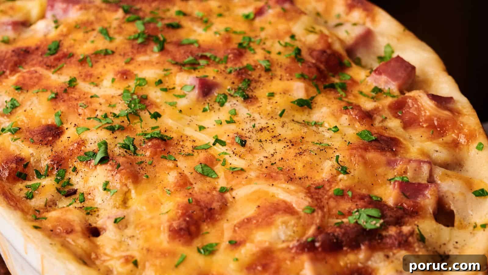 29 Air Fryer Casseroles Perfect for Busy Weeknight Dinners 16 A close-up view of a baked casserole topped with melted cheese, diced ham, and chopped parsley.