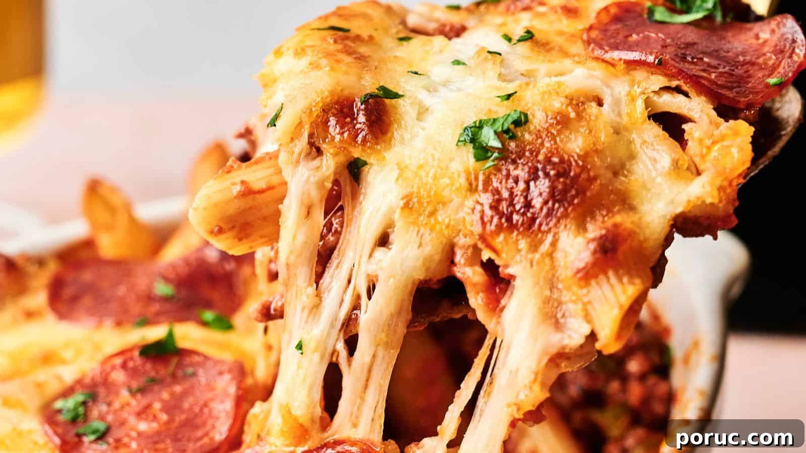 29 Air Fryer Casseroles Perfect for Busy Weeknight Dinners 20 A slice of cheesy pepperoni pizza being lifted, with melted cheese stretching.