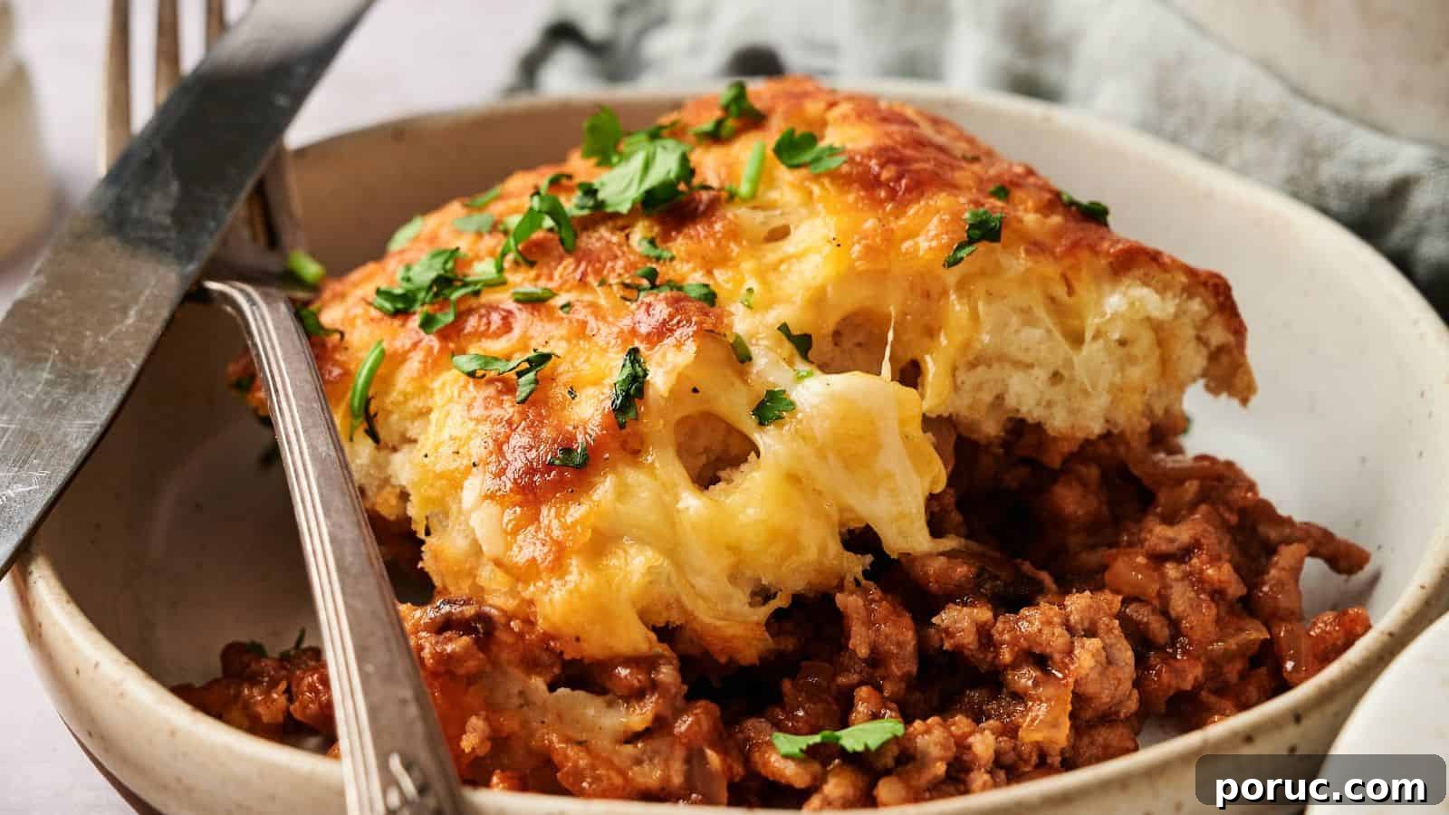29 Air Fryer Casseroles Perfect for Busy Weeknight Dinners 3 A serving of baked casserole with a golden cheese topping sits on ground meat in a bowl, garnished with chopped parsley and accompanied by a fork and knife.