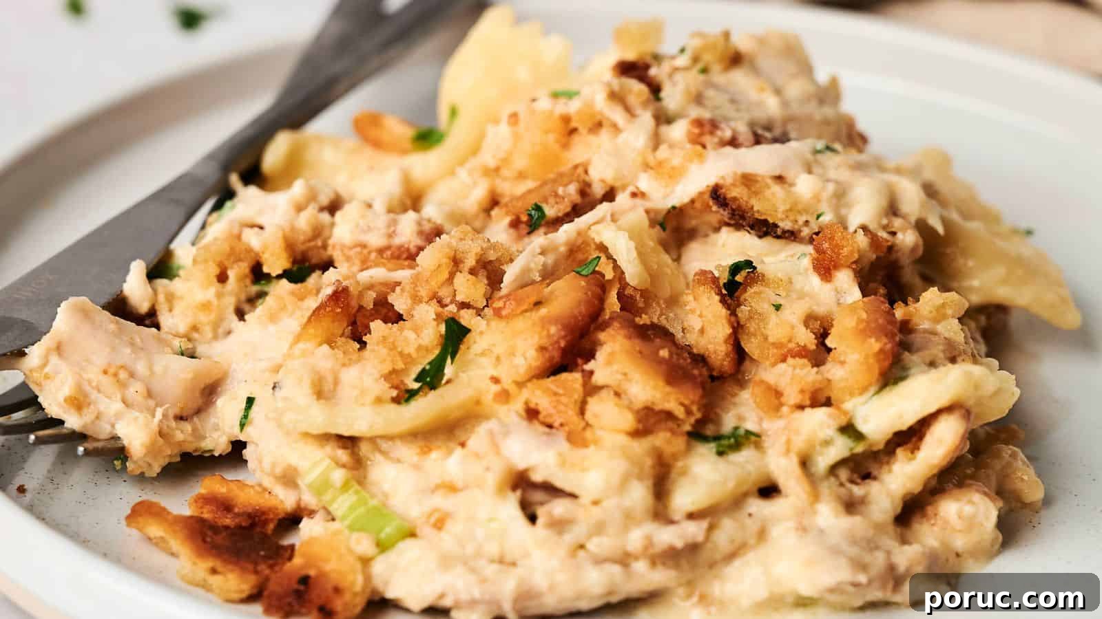 29 Air Fryer Casseroles Perfect for Busy Weeknight Dinners 21 A plate of creamy chicken casserole topped with breadcrumbs and parsley, with a fork beside it.