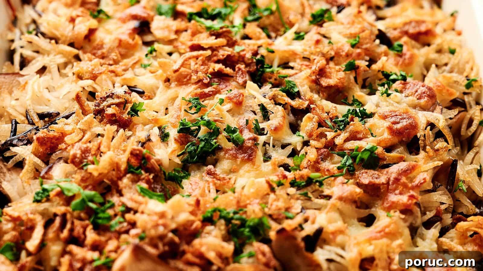 29 Air Fryer Casseroles Perfect for Busy Weeknight Dinners 26 Close-up of an air fryer mushroom casserole topped with crispy, browned ingredients and garnished with chopped green herbs.