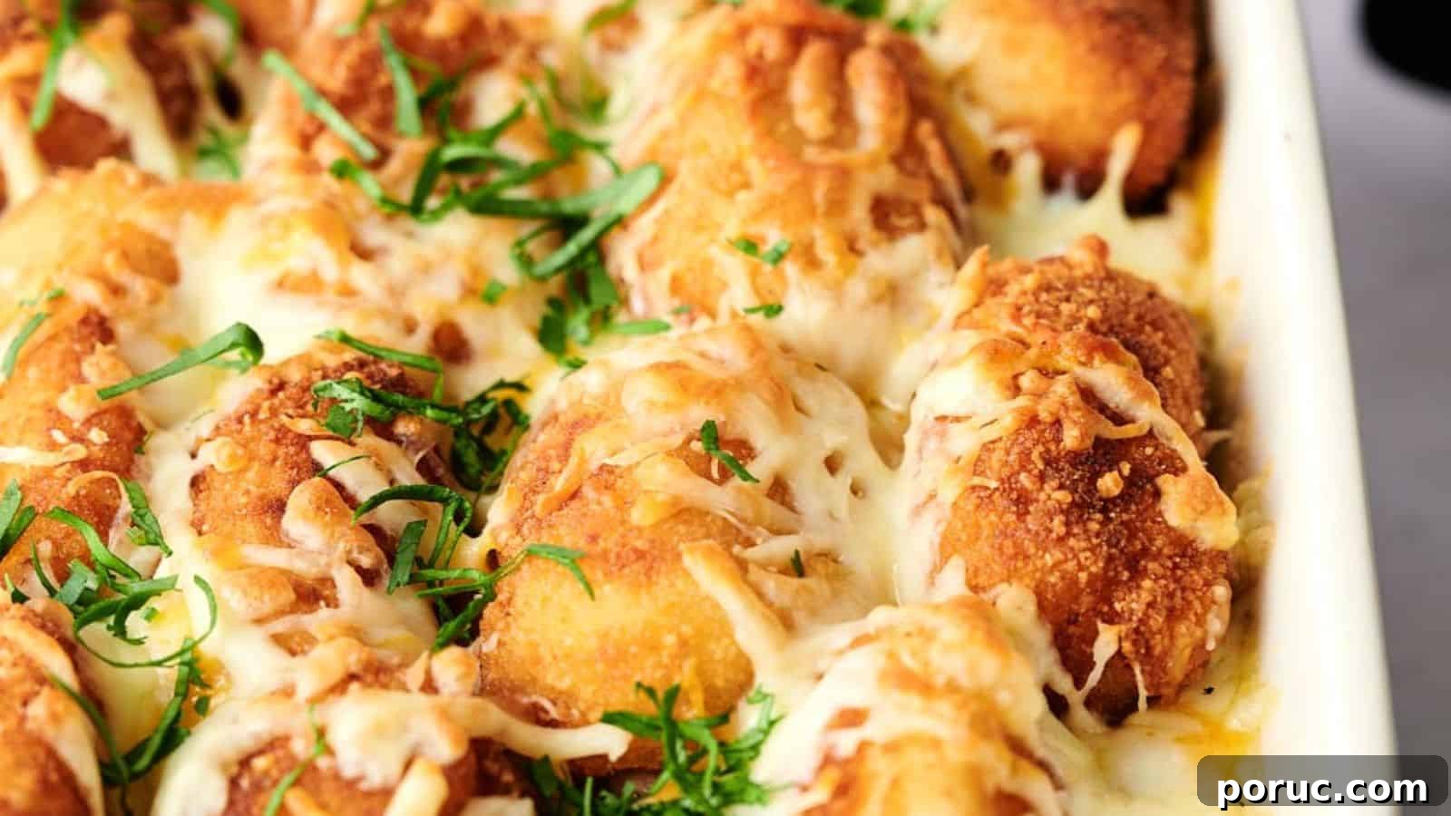 29 Air Fryer Casseroles Perfect for Busy Weeknight Dinners 27 A close-up of a baking dish filled with breaded, cheese-covered chicken pieces garnished with chopped herbs, reminiscent of an elevated air fryer tater tot casserole.
