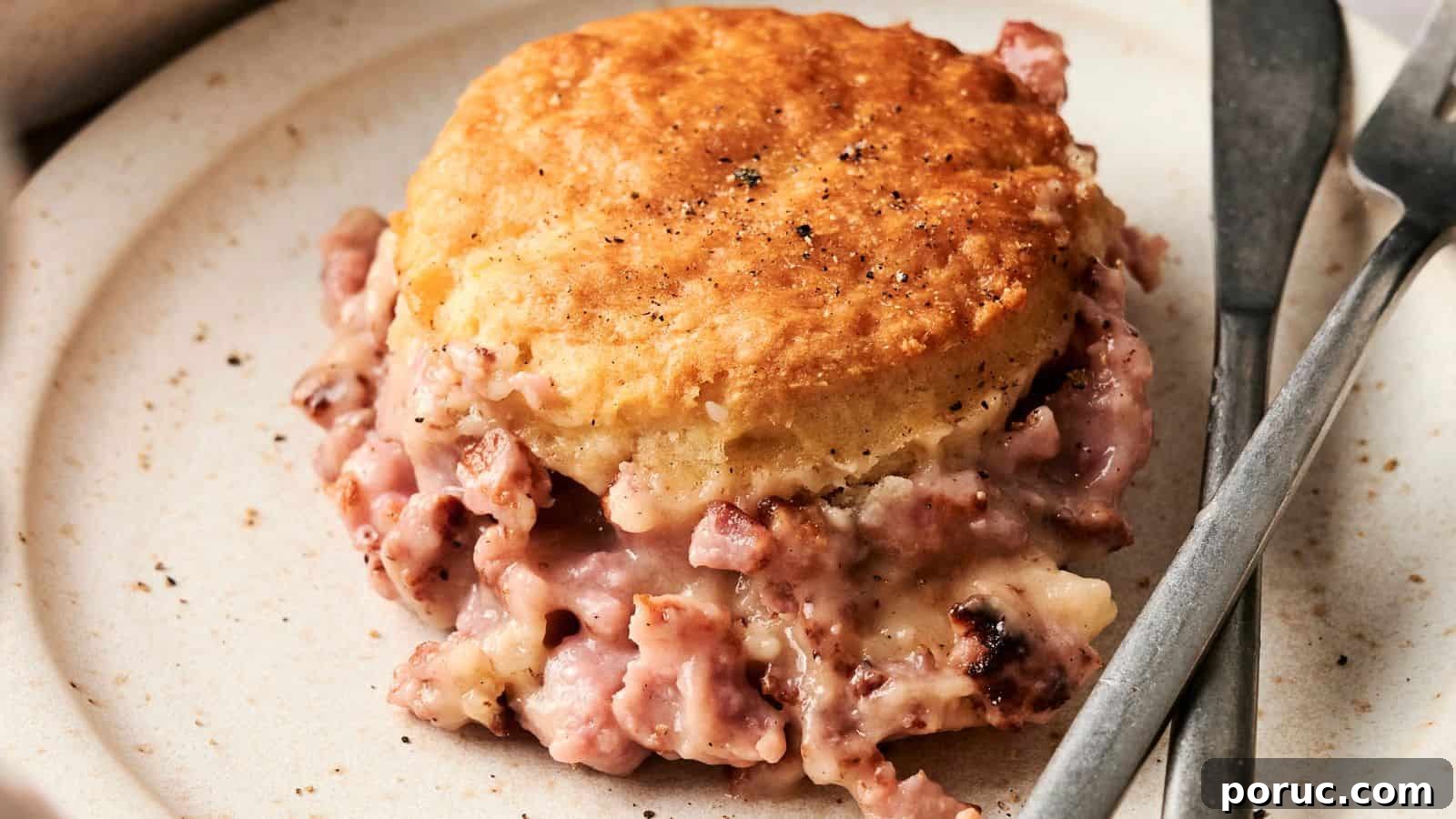 29 Air Fryer Casseroles Perfect for Busy Weeknight Dinners 7 A plate with a biscuit topped with creamy sausage gravy, accompanied by a fork and knife.