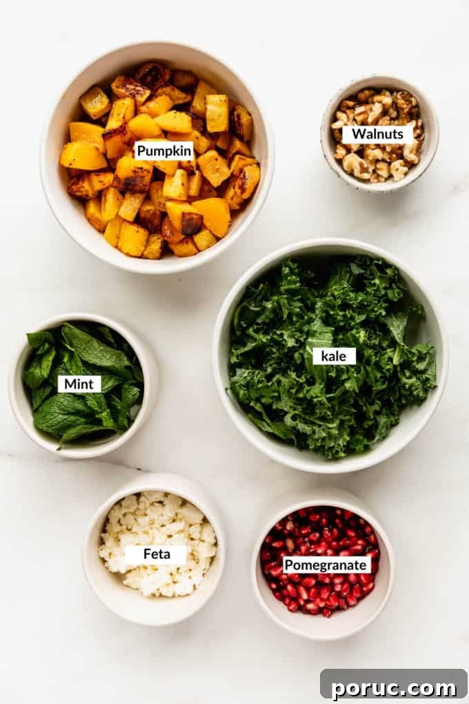 Roasted Pumpkin Salad with Maple Vinaigrette and Toasted Seeds 3 A flat lay of ingredients to make roasted pumpkin salad