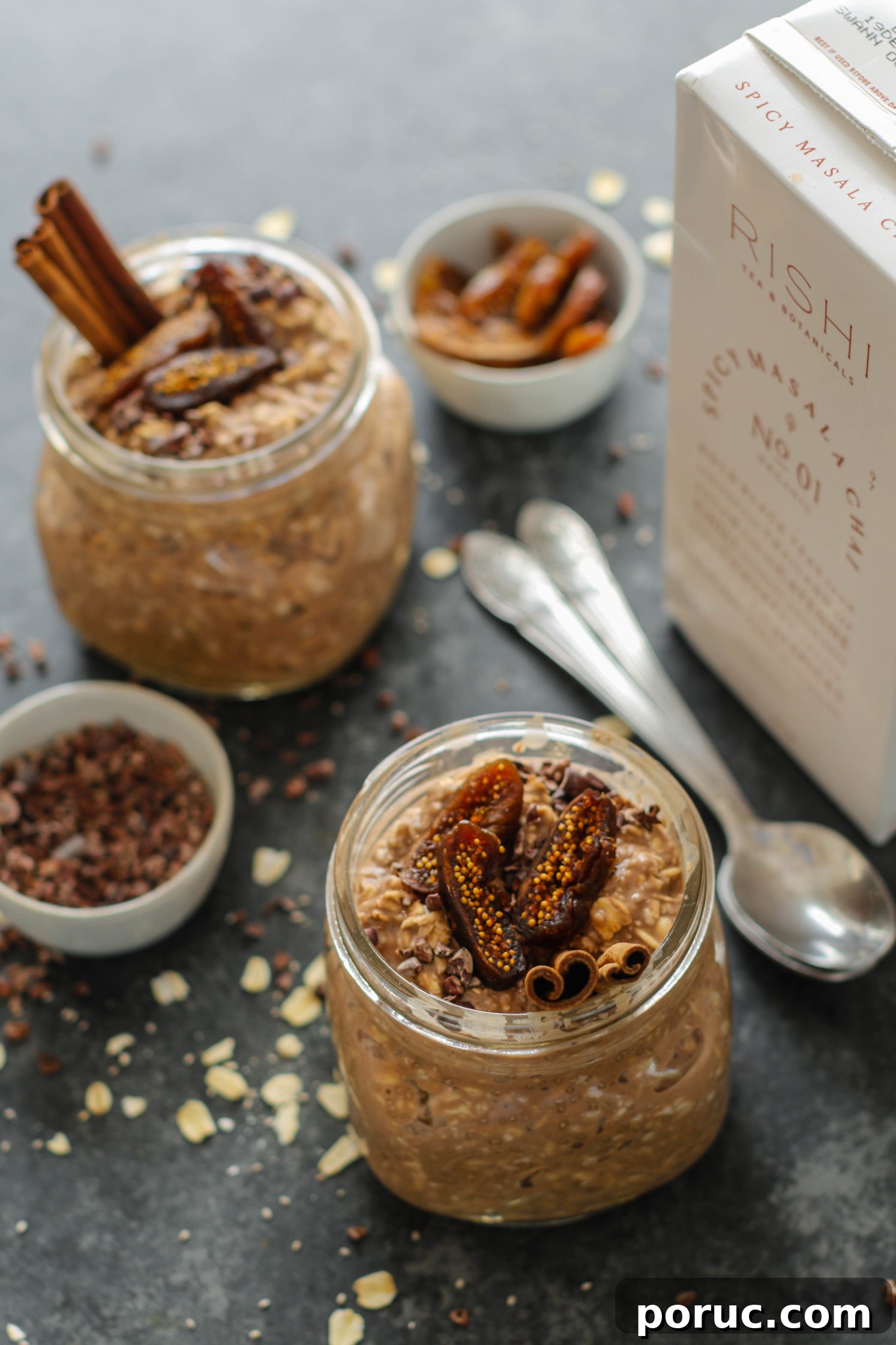 Chocolate Chia Chai Overnight Oats Recipe for Creamy Morning Energy 5 Chocolate Chia Chai Overnight Oats served in mason jars with dried figs, cacao nibs, and cinnamon sticks