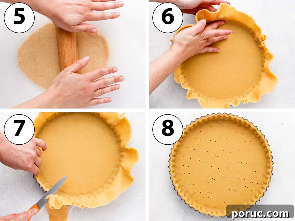 Process shot collage: rolling the dough and lining the tart pan before baking it.