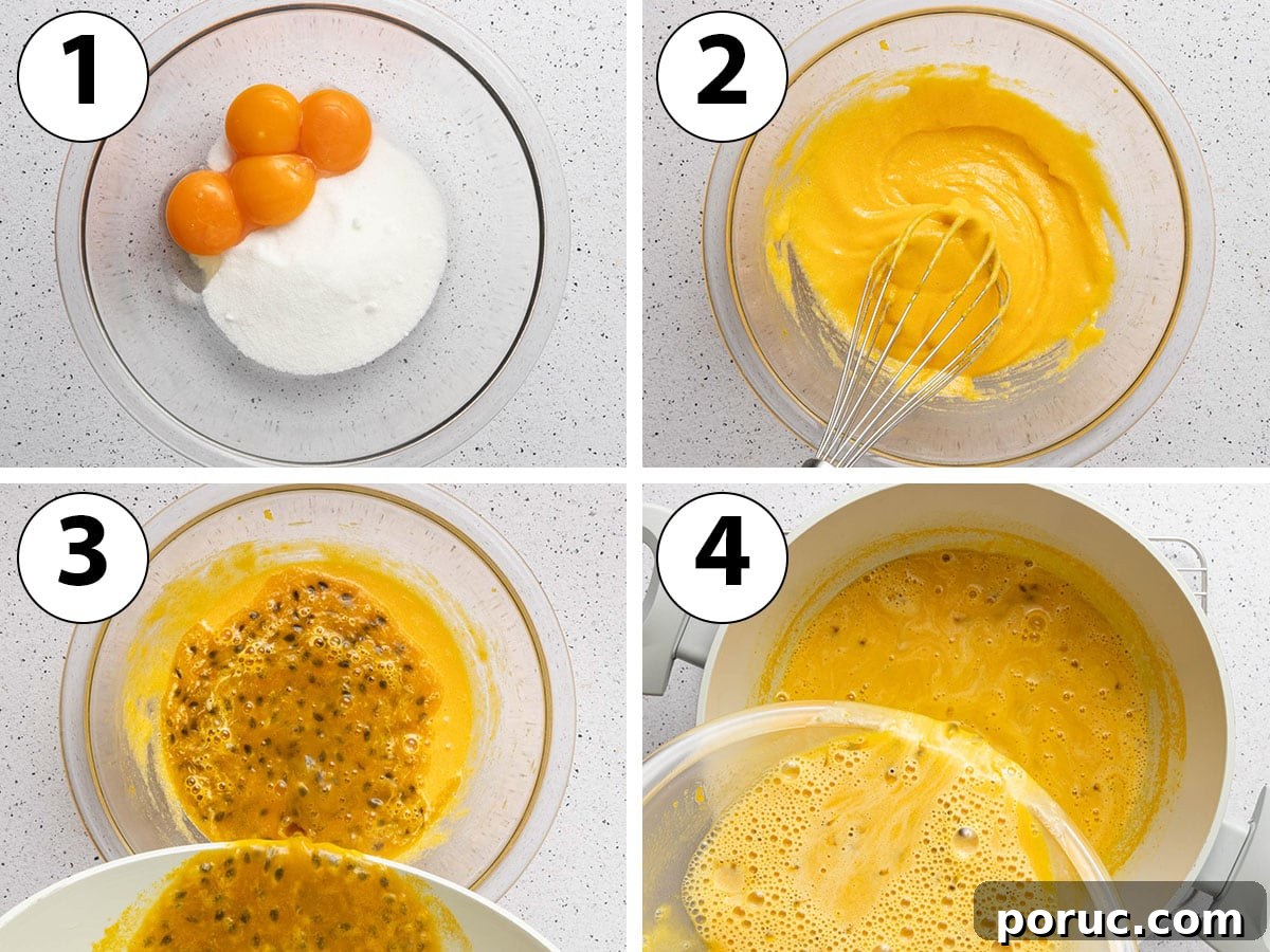 Process Shot Collage: tempering the eggs and sugar with warm passion fruit puree.